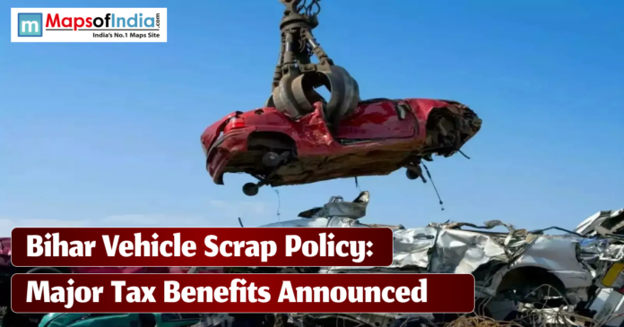 A crane claw lifting a crushed red car over a pile of scrap with text reading 