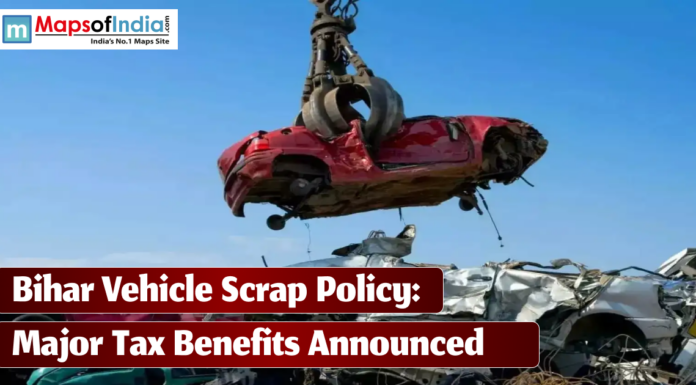 Bihar Vehicle Scrap Policy: Major Tax Benefits Announced A crane claw lifting a crushed red car over a pile of scrap with text reading "Bihar Vehicle Scrap Policy: Major Tax Benefits Announced."