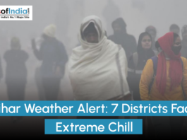 People wrapped in shawls and winter clothing walking through dense fog in Bihar, illustrating a weather alert as seven districts face extreme cold and reduced visibility, branded by MapsofIndia.com.
