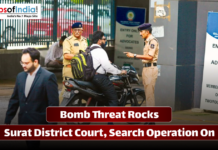 Bomb Threat Rocks Surat District Court, Search Operation On Police checking vehicles and people outside Surat District Court after a bomb threat, with security heightened and a search operation underway.