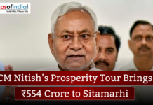 CM Nitish’s Prosperity Tour Brings ₹554 Crore to Sitamarhi Close-up of Bihar Chief Minister Nitish Kumar speaking, with a banner reading “CM Nitish’s Prosperity Tour Brings ₹554 Crore to Sitamarhi” and the MapsofIndia logo in the corner.
