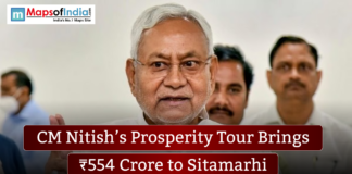 CM Nitish’s Prosperity Tour Brings ₹554 Crore to Sitamarhi Close-up of Bihar Chief Minister Nitish Kumar speaking, with a banner reading “CM Nitish’s Prosperity Tour Brings ₹554 Crore to Sitamarhi” and the MapsofIndia logo in the corner.