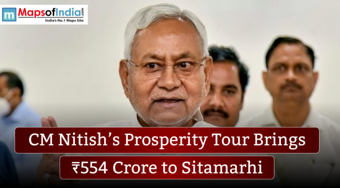 CM Nitish’s Prosperity Tour Brings ₹554 Crore to Sitamarhi Close-up of Bihar Chief Minister Nitish Kumar speaking, with a banner reading “CM Nitish’s Prosperity Tour Brings ₹554 Crore to Sitamarhi” and the MapsofIndia logo in the corner.