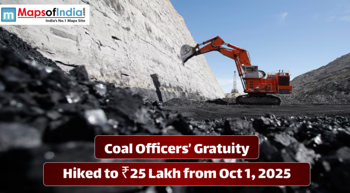 Coal Officers’ Gratuity Hiked to ₹25 Lakh from Oct 1, 2025 Excavator working at a coal mine with text announcing coal officers’ gratuity hiked to ₹25 lakh from October 1, 2025.