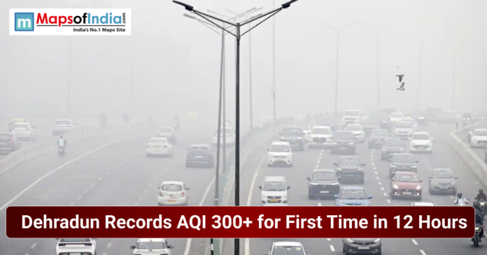 Traffic moving on a highway in Dehradun under heavy smog, highlighting severe air pollution as the city records AQI above 300