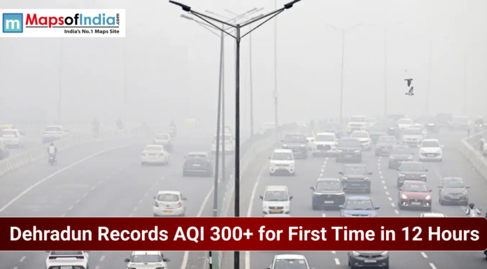 Dehradun Records AQI 300+ for First Time in 12 Hours Traffic moving on a highway in Dehradun under heavy smog, highlighting severe air pollution as the city records AQI above 300