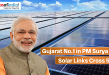 Gujarat No.1 in PM Surya Ghar, Solar Links Cross 5 Lakh Graphic showing rooftop solar panels with India’s Prime Minister, highlighting Gujarat ranking first under the PM Surya Ghar scheme as solar connections cross five lakh.
