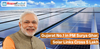 Gujarat No.1 in PM Surya Ghar, Solar Links Cross 5 Lakh Graphic showing rooftop solar panels with India’s Prime Minister, highlighting Gujarat ranking first under the PM Surya Ghar scheme as solar connections cross five lakh.