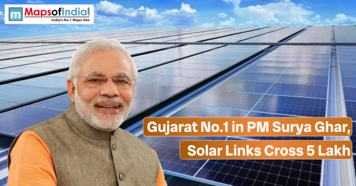 Graphic showing rooftop solar panels with India’s Prime Minister, highlighting Gujarat ranking first under the PM Surya Ghar scheme as solar connections cross five lakh.