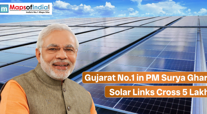 Gujarat No.1 in PM Surya Ghar, Solar Links Cross 5 Lakh Graphic showing rooftop solar panels with India’s Prime Minister, highlighting Gujarat ranking first under the PM Surya Ghar scheme as solar connections cross five lakh.