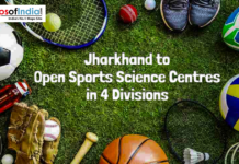 Jharkhand to Open Sports Science Centres in 4 Divisions Banner showing sports equipment on green turf with text announcing Jharkhand to open sports science centres in four divisions, by MapsofIndia