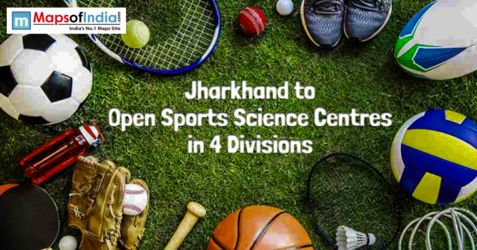 Banner showing sports equipment on green turf with text announcing Jharkhand to open sports science centres in four divisions, by MapsofIndia