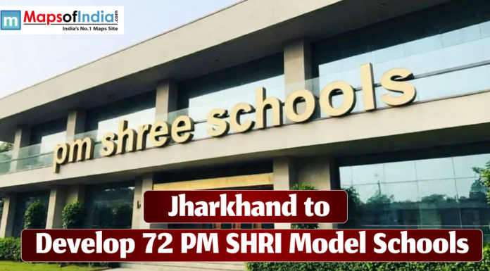 Jharkhand to Develop 72 PM SHRI Model Schools An image featuring a modern building with "PM SHRI schools" written in large gold letters. The text overlay reads, "Jharkhand to Develop 72 PM SHRI Model Schools."