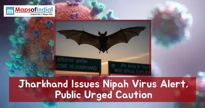 Illustration showing a bat in flight with virus graphics and a headline reading “Jharkhand Issues Nipah Virus Alert, Public Urged Caution,” symbolizing a public health warning.