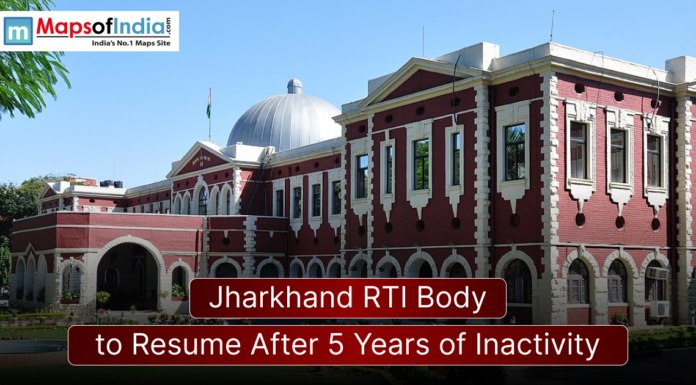 Jharkhand RTI Body to Resume After 5 Years of Inactivity Historic government building in Jharkhand with headline text reading “Jharkhand RTI Body to Resume After 5 Years of Inactivity” and Maps of India logo in the corner.