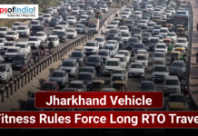 Jharkhand Vehicle Fitness Rules Force Long RTO Travel Heavy traffic congestion on a busy road in Jharkhand with text highlighting new vehicle fitness rules forcing long-distance travel to RTO offices, along with Maps of India logo.