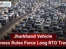 Heavy traffic congestion on a busy road in Jharkhand with text highlighting new vehicle fitness rules forcing long-distance travel to RTO offices, along with Maps of India logo.