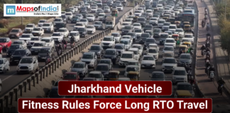 Jharkhand Vehicle Fitness Rules Force Long RTO Travel Heavy traffic congestion on a busy road in Jharkhand with text highlighting new vehicle fitness rules forcing long-distance travel to RTO offices, along with Maps of India logo.