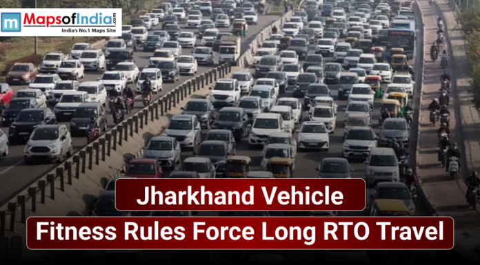 Jharkhand Vehicle Fitness Rules Force Long RTO Travel Heavy traffic congestion on a busy road in Jharkhand with text highlighting new vehicle fitness rules forcing long-distance travel to RTO offices, along with Maps of India logo.