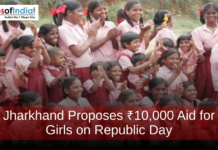 Jharkhand Proposes ₹10,000 Aid for Girls on Republic Day A group of schoolgirls in pink uniforms cheering and clapping, with a text overlay reading "Jharkhand Proposes ₹10,000 Aid for Girls on Republic Day."