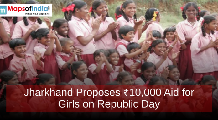 Jharkhand Proposes ₹10,000 Aid for Girls on Republic Day A group of schoolgirls in pink uniforms cheering and clapping, with a text overlay reading "Jharkhand Proposes ₹10,000 Aid for Girls on Republic Day."
