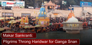 Makar Sankranti: Pilgrims Throng Haridwar for Ganga Snan Devotees gather at Haridwar ghats during Makar Sankranti to take a holy dip in the Ganga, with temples and crowds along the riverbank.