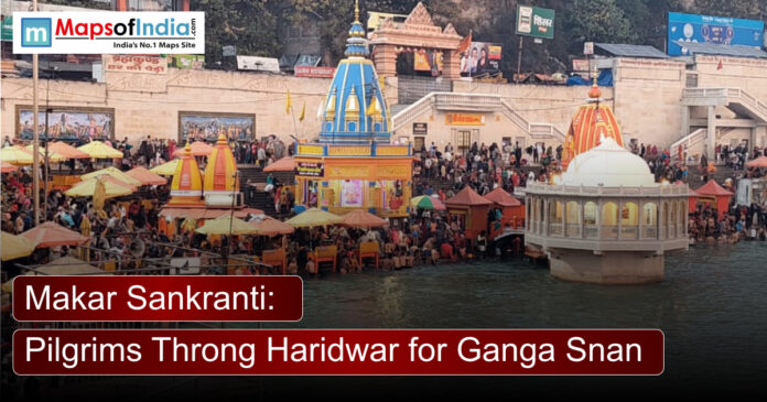 Makar Sankranti Devotees gather at Haridwar ghats during Makar Sankranti to take a holy dip in the Ganga, with temples and crowds along the riverbank.