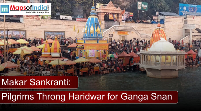 Makar Sankranti: Pilgrims Throng Haridwar for Ganga Snan Devotees gather at Haridwar ghats during Makar Sankranti to take a holy dip in the Ganga, with temples and crowds along the riverbank.