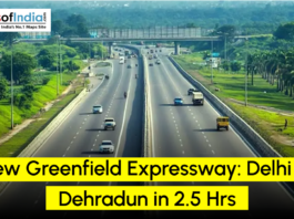 A wide multi-lane greenfield expressway with light traffic, lush greenery on both sides, and an overbridge in the distance, highlighting a new route reducing travel time from Delhi to Dehradun to 2.5 hours, branded by MapsofIndia.com.