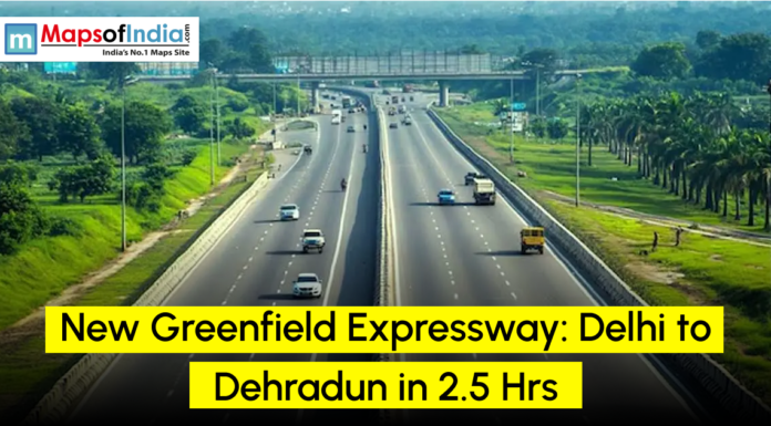 New Greenfield Expressway: Delhi to Dehradun in 2.5 Hrs A wide multi-lane greenfield expressway with light traffic, lush greenery on both sides, and an overbridge in the distance, highlighting a new route reducing travel time from Delhi to Dehradun to 2.5 hours, branded by MapsofIndia.com.