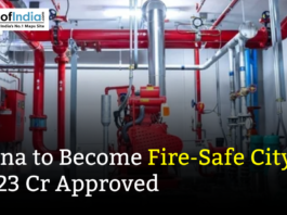 Fire safety equipment and piping system with headline stating “Patna to Become Fire-Safe City, ₹1.23 Cr Approved,” highlighting urban fire safety infrastructure.