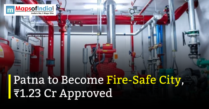 Fire safety equipment and piping system with headline stating “Patna to Become Fire-Safe City, ₹1.23 Cr Approved,” highlighting urban fire safety infrastructure.