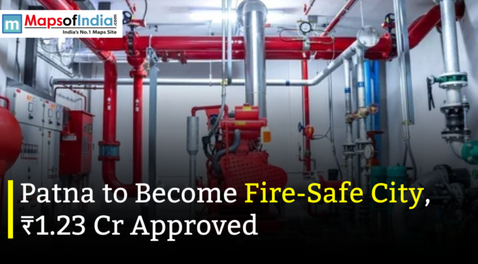 Patna to Become Fire-Safe City, ₹1.23 Cr Approved Fire safety equipment and piping system with headline stating “Patna to Become Fire-Safe City, ₹1.23 Cr Approved,” highlighting urban fire safety infrastructure.