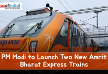 PM Modi to Launch Two New Amrit Bharat Express Trains Front view of an orange Amrit Bharat Express train decorated with marigold garlands at a railway station, featuring the headline “PM Modi to Launch Two New Amrit Bharat Express Trains.”