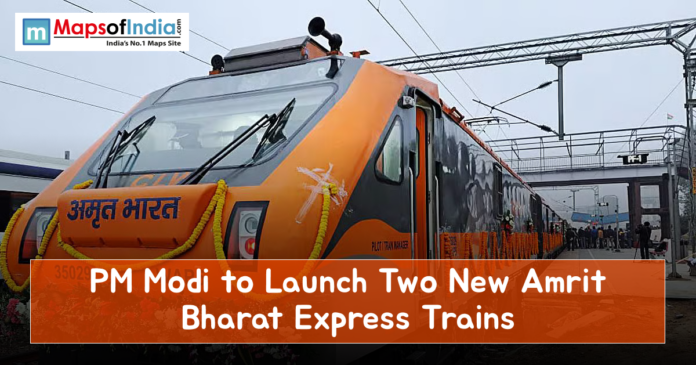 Front view of an orange Amrit Bharat Express train decorated with marigold garlands at a railway station, featuring the headline “PM Modi to Launch Two New Amrit Bharat Express Trains.”