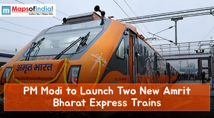 PM Modi to Launch Two New Amrit Bharat Express Trains Front view of an orange Amrit Bharat Express train decorated with marigold garlands at a railway station, featuring the headline “PM Modi to Launch Two New Amrit Bharat Express Trains.”