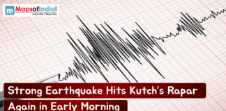 Strong Earthquake Hits Kutch’s Rapar Again in Early Morning A seismograph recording strong seismic waves on grid paper, illustrating a recent earthquake in Kutch's Rapar.