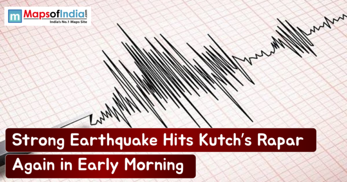 A seismograph recording strong seismic waves on grid paper, illustrating a recent earthquake in Kutch's Rapar.