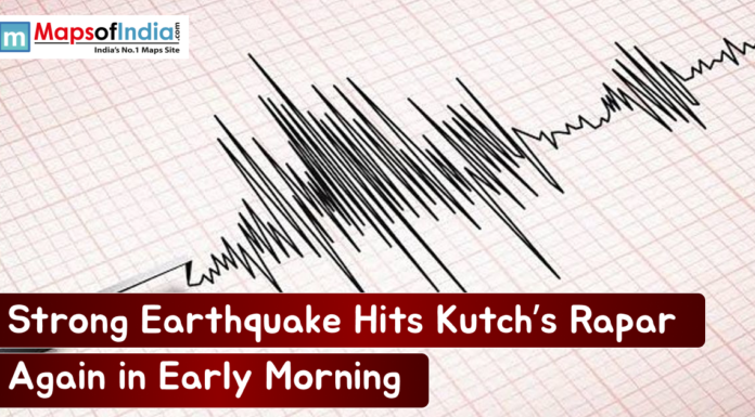 Strong Earthquake Hits Kutch’s Rapar Again in Early Morning A seismograph recording strong seismic waves on grid paper, illustrating a recent earthquake in Kutch's Rapar.