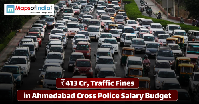Aerial view of a congested city road filled with multiple lanes of cars and auto-rickshaws, accompanied by text stating that ₹413 crore in traffic fines in Ahmedabad has crossed the police salary budget