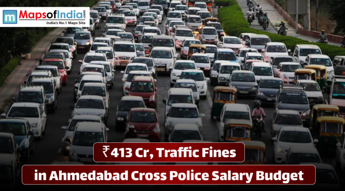 ₹413 Cr, Traffic Fines in Ahmedabad Cross Police Salary Budget Aerial view of a congested city road filled with multiple lanes of cars and auto-rickshaws, accompanied by text stating that ₹413 crore in traffic fines in Ahmedabad has crossed the police salary budget