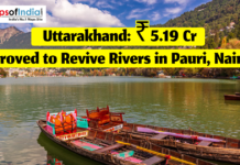 Uttarakhand: ₹5.19 Cr Approved to Revive Rivers in Pauri, Nainital Scenic view of Naini Lake in Uttarakhand featuring wooden boats in the foreground, lush green hills in the background, and text announcing a ₹5.19 crore approval to revive rivers in Pauri and Nainital.