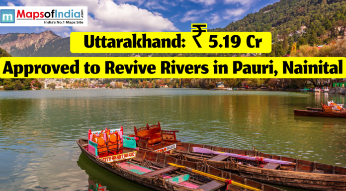 Uttarakhand: ₹5.19 Cr Approved to Revive Rivers in Pauri, Nainital Scenic view of Naini Lake in Uttarakhand featuring wooden boats in the foreground, lush green hills in the background, and text announcing a ₹5.19 crore approval to revive rivers in Pauri and Nainital.