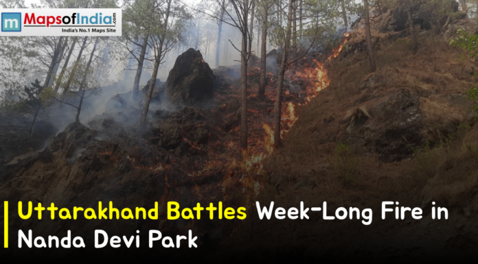 Uttarakhand Battles Week-Long Fire in Nanda Devi Park Forest fire burning on a hillside in Nanda Devi National Park, Uttarakhand, with flames and smoke spreading among trees, featuring the headline “Uttarakhand Battles Week-Long Fire in Nanda Devi Park.”