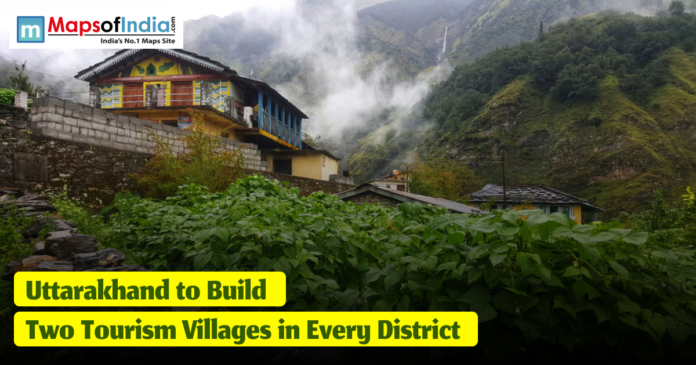 Scenic mountain village in Uttarakhand with traditional houses, lush green vegetation, and mist-covered hills, featuring a headline that reads ‘Uttarakhand to Build Two Tourism Villages in Every District.’