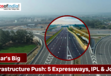 Bihar’s Big Infrastructure Push: 5 Expressways, IPL & Jobs Aerial view of a modern expressway interchange in Bihar, highlighting the state’s infrastructure push with five expressways, IPL development, and job creation.