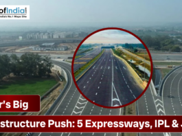 Aerial view of a modern expressway interchange in Bihar, highlighting the state’s infrastructure push with five expressways, IPL development, and job creation.