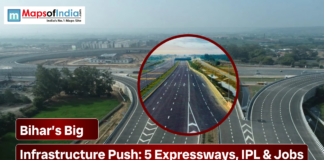 Bihar’s Big Infrastructure Push: 5 Expressways, IPL & Jobs Aerial view of a modern expressway interchange in Bihar, highlighting the state’s infrastructure push with five expressways, IPL development, and job creation.