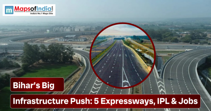 Aerial view of a modern expressway interchange in Bihar, highlighting the state’s infrastructure push with five expressways, IPL development, and job creation.