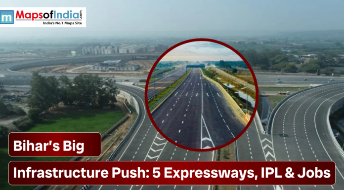 Bihar’s Big Infrastructure Push: 5 Expressways, IPL & Jobs Aerial view of a modern expressway interchange in Bihar, highlighting the state’s infrastructure push with five expressways, IPL development, and job creation.